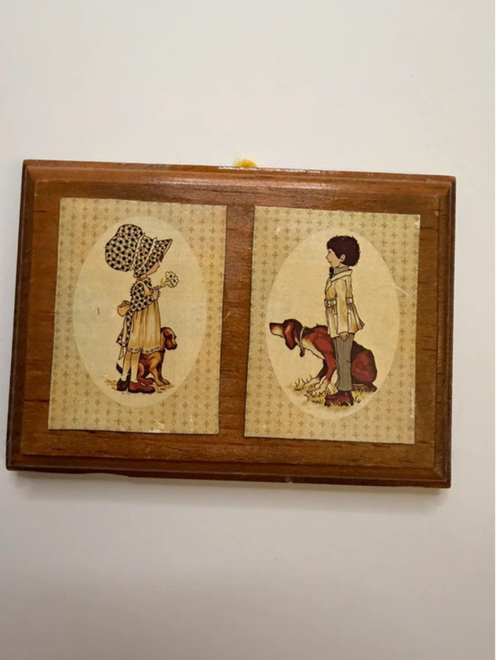 Vintage Holly Hobbie Wooden Wall Plaque 1970’s Hobby and Boy with Dogs Hanging